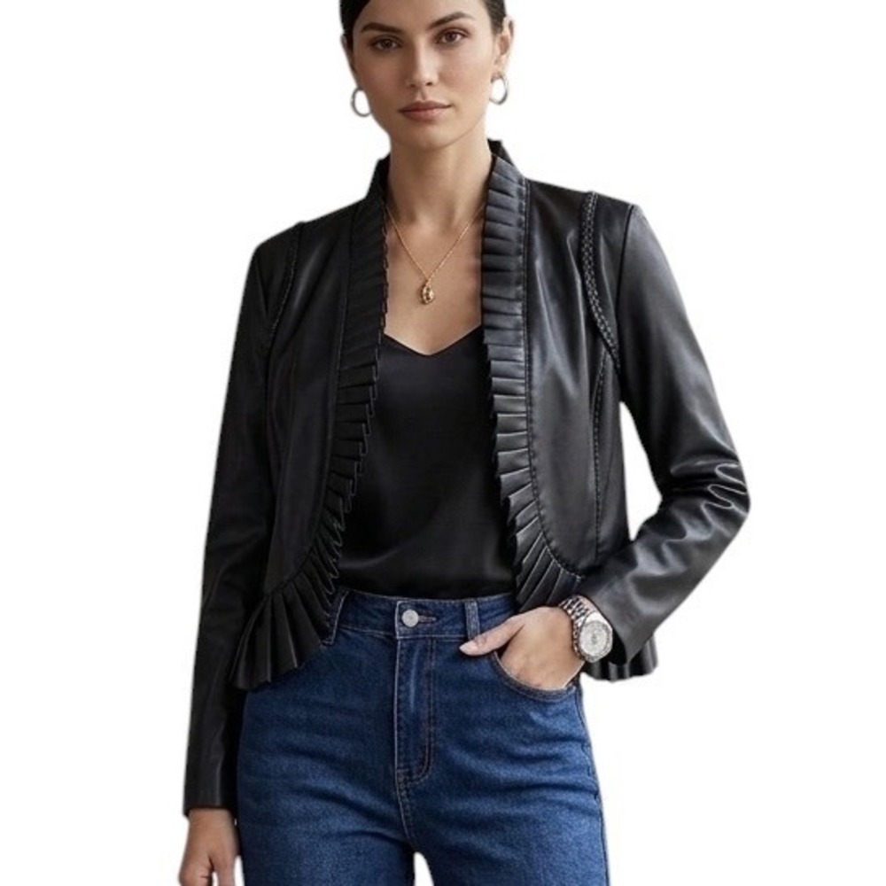 Josephine Black Faux Leather Ruffle Trim Open Front Bolero Jacket Womens Large